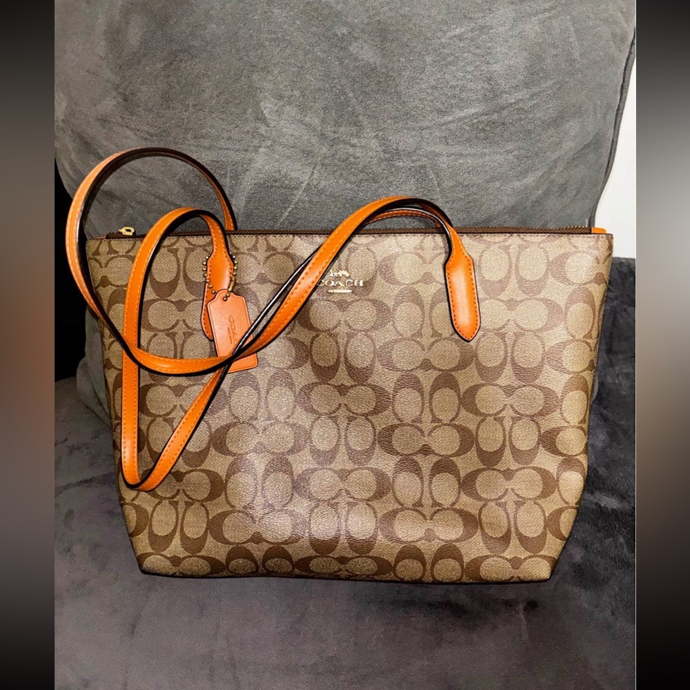 Coach Brown and Tan Tote with Orange Accents